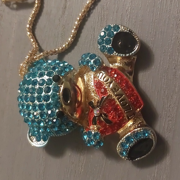 Betsey Johnson Gold Toned Blue Rhinestone Teddy Bear Red Heart Pendant Necklace - Picture 13 of 17